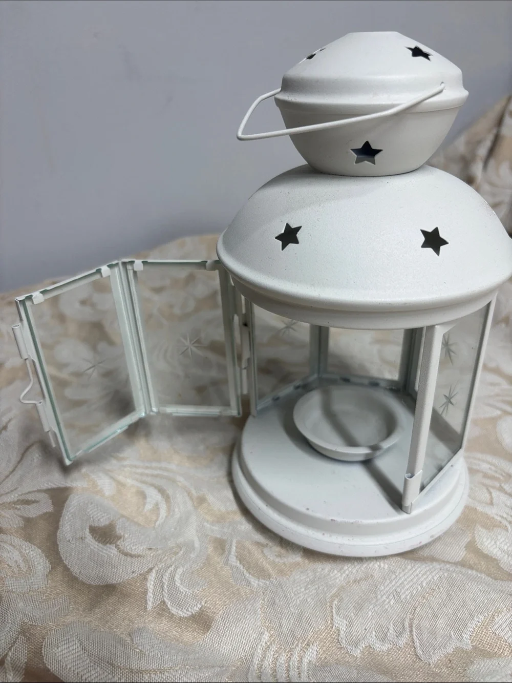 White Star Cutout Metal and Glass Lantern with handle